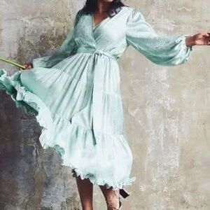 Eloquii Satin Surplice Tiered Dress in Jadeite Size 18 EUC